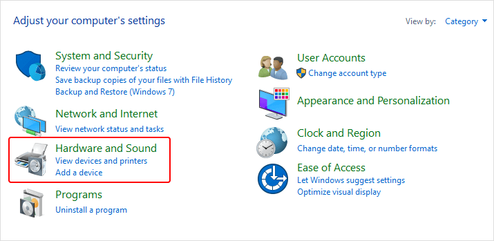 klik op Hardware en geluid