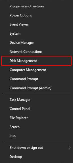 selecteer schijfbeheer in het powermenu van Windows