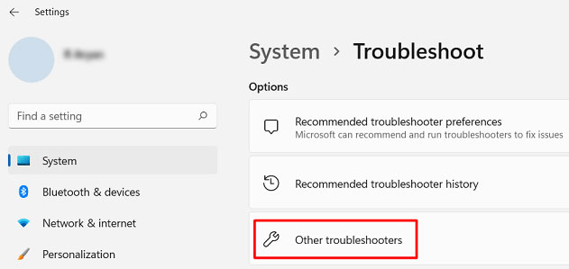 klik op de knop ‘Andere probleemoplossers’ in de optie 'Problemen oplossen'