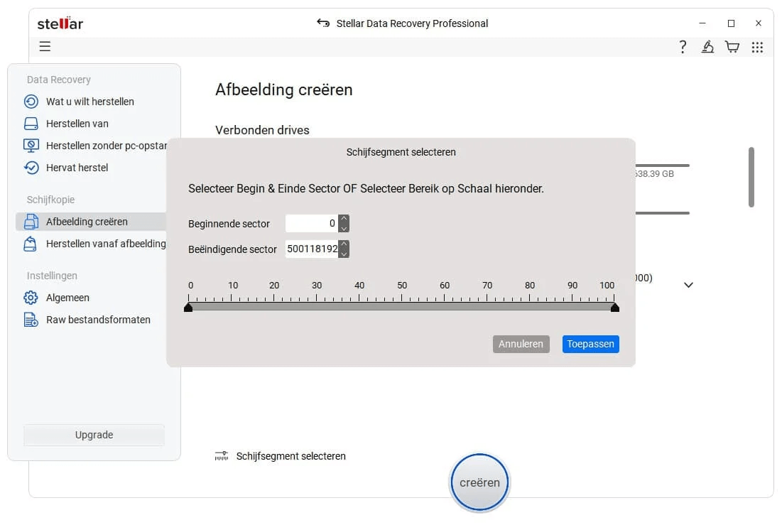 Je kunt ook een schijfsegment selecteren om een image van te maken.